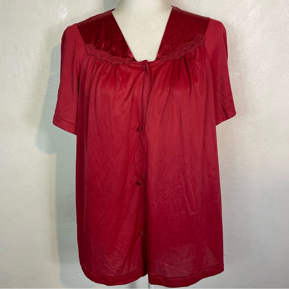 Vintage 80s 90s Vanity Fair Size Large L Red Sleepwear Blouse Top Button Down